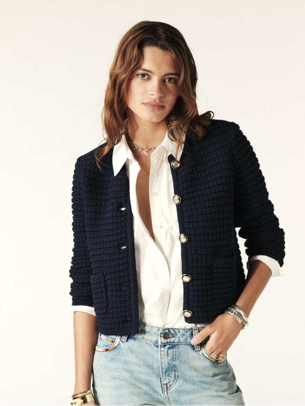 Ba&sh / Bash Gaspard Tweed Cardigan Jacket sweater In Navy marine  Blue |large L